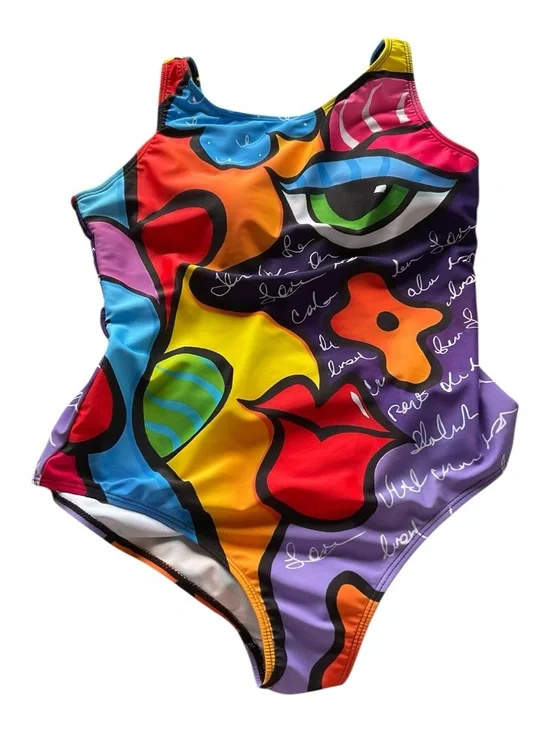 Abstract Face Pop Art One Piece Swimsuit Colorful XL - Picture 3 of 5